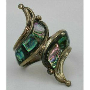 Vintage TA-164 Mexican Sterling Silver Hinged Cuff  Bracelet W/Abalone Shell